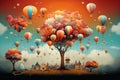 Painting of a tree with many hot air balloons in the sky Royalty Free Stock Photo