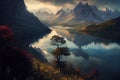 a painting of a tree in a mountain lake with mountains in the background and a cloudy sky above it Royalty Free Stock Photo