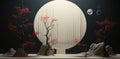 A painting of a tree with red flowers in front of a moon. AI.