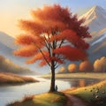 A painting of a tree with red leaves on a path by a river