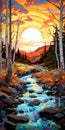 Hyper Detailed Painting: Stream And Trees With Sunset By Matt Bors