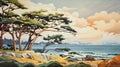 Vibrant Ocean Landscape: Majestic Pine Trees By The Beach