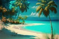 a painting of a tropical beach with palm trees and a blue sky with clouds in the background and a white sandy beach with a few Royalty Free Stock Photo