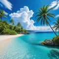 painting of tropical beach with palm trees and rocks in the water and blue