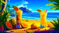 Painting of tropical beach scene with oranges and couple of glasses of juice. Generative AI