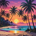 A painting of a tropical beach setting complete with swaying palm trees and a stunning sunset over the ocean. Royalty Free Stock Photo