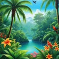 painting of tropical jungle scene with flowers and plants in the foreground