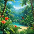 painting of tropical jungle scene with flowers and plants in the foreground