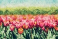 Painting of tulip field flowers in bloom in spring.
