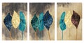 Painting turquoise, golden, blue and yellow tree leaves feathers on light brown golden background. 3d canvas wall art