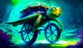 Painting of turtle riding bike with cart on it's back. Generative AI