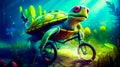 Painting of turtle riding bike on path in the ocean. Generative AI