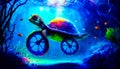 Painting of turtle riding bike under the ocean water with bubbles. Generative AI