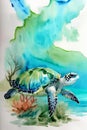 A Painting Of A Turtle Swimming In The Ocean. Generative AI