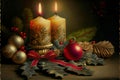 a painting of two candles and christmas decorations on a table with holly leaves and berries and a red ribbon Royalty Free Stock Photo