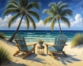 A painting of two chairs under a palm tree on the beach.