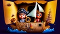 Painting of two children in boat with pirate's hat. Generative AI Royalty Free Stock Photo
