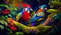 Painting of two colorful birds sitting on tree branch. Fantasy. Generative AI Royalty Free Stock Photo