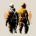 A painting of two constraction workers walking away from the camera.