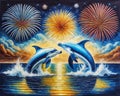 A painting of two dolphins jumping out of the water, Beautiful picture of dolphins jumping. Royalty Free Stock Photo