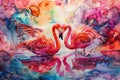 a painting of two flamingos on the beach with a heart shaped cloud in the Royalty Free Stock Photo