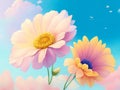 A painting of two flowers in the center, with a sky background behind them. Royalty Free Stock Photo