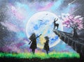 Painting of two girls and full moon