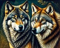 A painting of two gray and brown wolfs, wolf portrait.