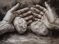 A painting of two hands reaching for a piece of bread. Generative AI image. Royalty Free Stock Photo