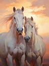 A painting of two horses cuddling in the evening sunset Royalty Free Stock Photo