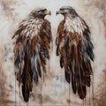 a painting of two large birds of prey with brown feathers and yellow beaks on a white background with a brown border around the