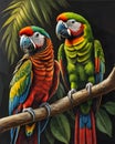 A painting of two parrots sitting on a branch, very detailed birds. Royalty Free Stock Photo