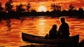 A painting of two people in a canoe at sunset, AI