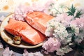 a painting of two salmons on a plate next to flowers. Acrylic Painting of a Salmon color flower perfect for Wall Art.