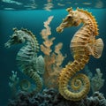 A painting of two seahorses that are facing each other.