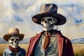 A Painting Of Two Skeletons Wearing Hats And Scarves. Generative AI