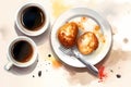 A painting of two small muffins on a plate with two coffee cups. AI generation