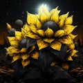 a painting of two sunflowers in a field with the moon in the background Royalty Free Stock Photo