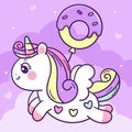 Painting Unicorn flat Pegasus with donut balloon party pony cartoon on cloud animal fairy kawaii illustration