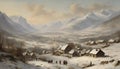 Painting of a valley with a small village in the winter mountains