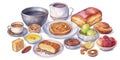 A painting of a variety of breakfast foods. AI generative image