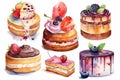 a painting of a variety of desserts on a white background with berries and berries on top of each one of the cakes and the other