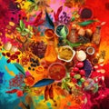 A painting of a variety of spices and herbs. AI generative image.