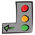 Painting of the vertical green traffic signal board with three separate light bulbs, vector or color illustration