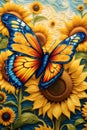 Painting of a vibrant butterfly fluttering amidst a field of serene sunflower, dynamism, life, Van Gogh's style, design, art