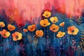 A painting of vibrant orange flowers set against a backdrop of contrasting blue and pink colors Royalty Free Stock Photo