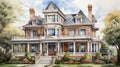 A painting of a victorian house with a porch, AI Royalty Free Stock Photo