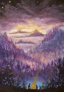 Painting of violet mountains and islands, vegetation, dawn, abstract landscape, mystical nature, post-apocalypse, sunset. Watercol