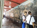 The painting on the wall ramayana story at the Emerald Buddha Wat Phra Kaew in Bangkok.