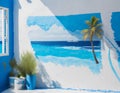 Painting the walls of the house with blue paint in the village. Image generated by artificial intelligence